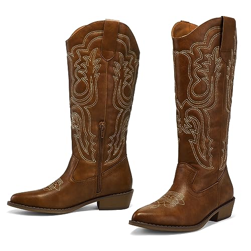 mysoft Women's Embroidered Cowboy Boots Chunky Heel