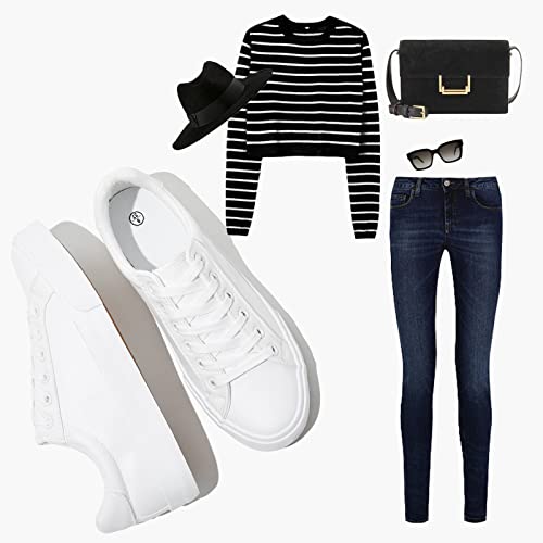 SERNIAL Women's White PU Leather Tennis Sneakers US9