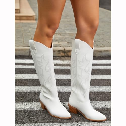 Embroidered Cowboy Boots with Chunky Stacked Heel for Women