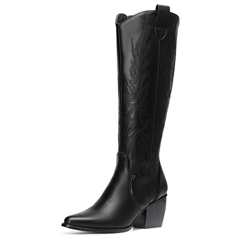 DREAM PAIRS Women's Cowboy Knee High Boots, Black
