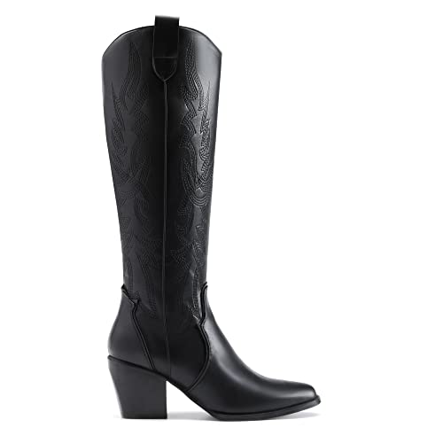 DREAM PAIRS Women's Cowboy Knee High Boots, Black