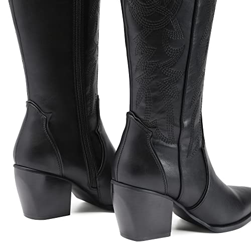 DREAM PAIRS Women's Cowboy Knee High Boots, Black