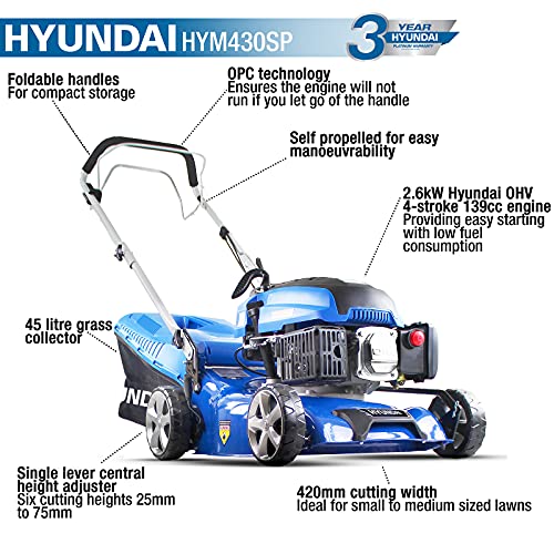 Hyundai 17" Petrol Self-Propelled Lawnmower with 5 Heights
