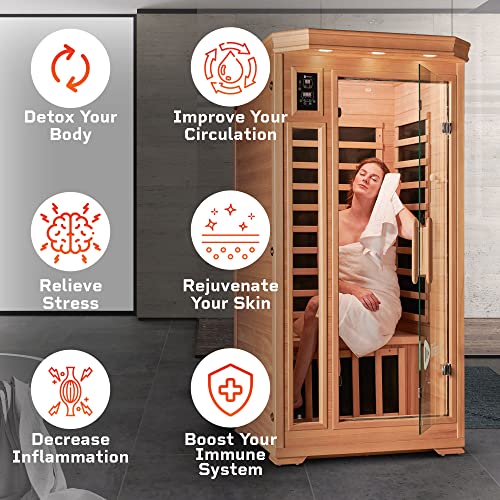 LifePro 1 Person Far Infrared Sauna - Canadian Hemlock Wood, Bluetooth Sound System