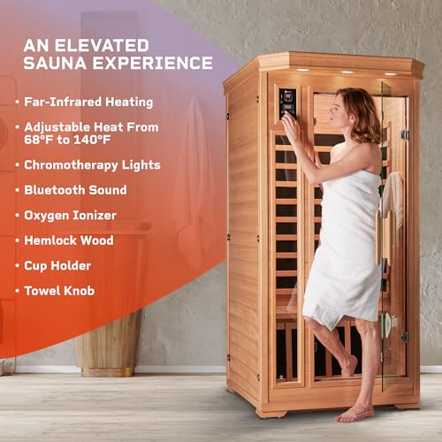 LifePro 1 Person Far Infrared Sauna - Canadian Hemlock Wood, Bluetooth Sound System