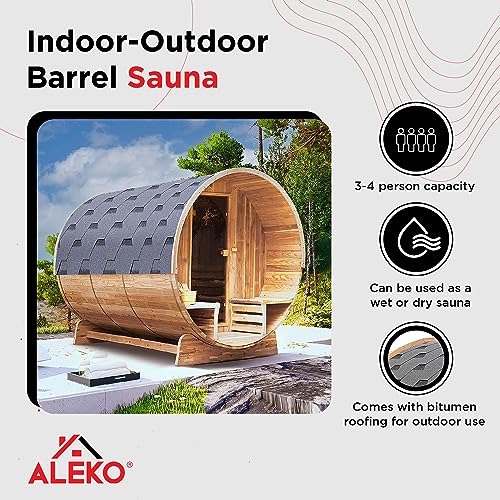 ALEKO Rustic Cedar Barrel Sauna Indoor Outdoor 3-4 Person Harvia Heater