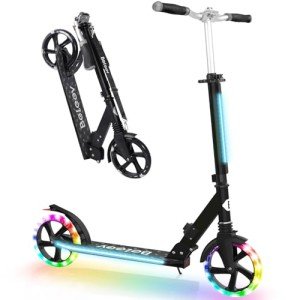 BELEEV V8 Scooters for Kids Ages 6+ with Light-Up Stem & Deck, 2 Wheel Folding Scooter for Adults Teens, 4 Adjustable Height, Lightweight Sport Commuter Scooter, Max Load 220 lbs(Black)