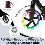 BELEEV V8 Scooters for Kids Ages 6+ with Light-Up Stem & Deck, 2 Wheel Folding Scooter for Adults Teens, 4 Adjustable Height, Lightweight Sport Commuter Scooter, Max Load 220 lbs(Black)