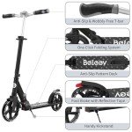 BELEEV V8 Scooters for Kids Ages 6+ with Light-Up Stem & Deck, 2 Wheel Folding Scooter for Adults Teens, 4 Adjustable Height, Lightweight Sport Commuter Scooter, Max Load 220 lbs(Black)