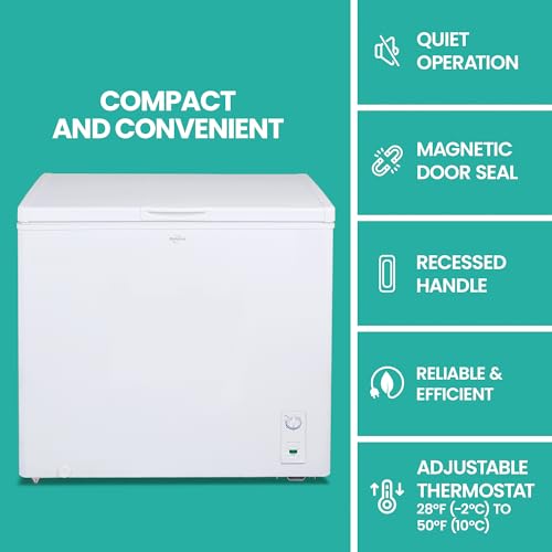 Koolatron ‎KTCF195 AZ Large Chest Freezer, 7.0 cu ft (195L), White, Manual Defrost Deep Freeze, Storage Basket, Space-Saving Flat Back, Stay-Open Lid, Front-Access Drain, for Basement, Laundry Room, Cottage