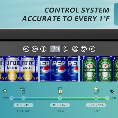 EUHOMY ‎BRU-04 24 Inch Beverage Refrigerator, 180 Can Built-in or Freestanding Beverage Cooler, Under Counter Beer Fridge with Glass Door for Soda, Water, Wine - For Kitchen, Bar or Office.