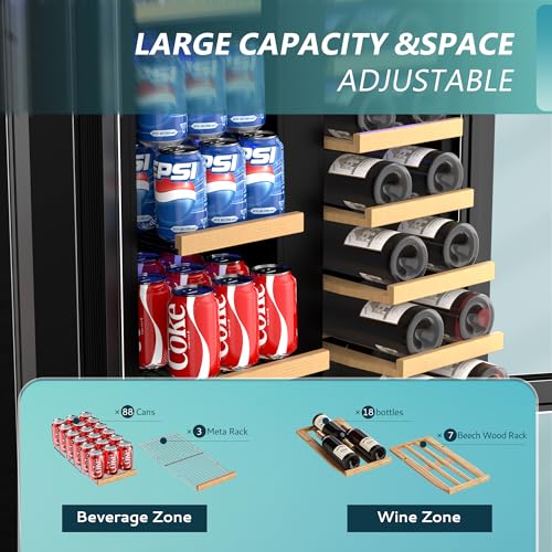 EUHOMY Wine and Beverage Refrigerator, 24 Inch Dual Zone Wine Cooler with Glass Door Hold 21 Bottles and 88 Cans, Built in or Freestanding Under Counter Wine Fridge with Blue LED Light.