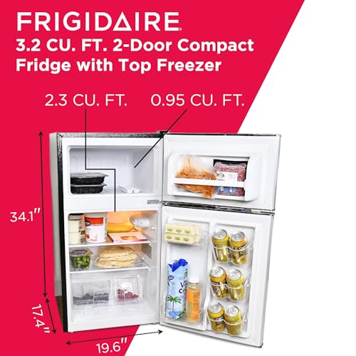 Frigidaire EFR341 Compact Small Top-Freezer Refrigerator, Stainless Steel Mini Bar Fridge Platinum Series-21.26" D x 17.83" W x 33.5" H, 3.2 cu ft Double Door