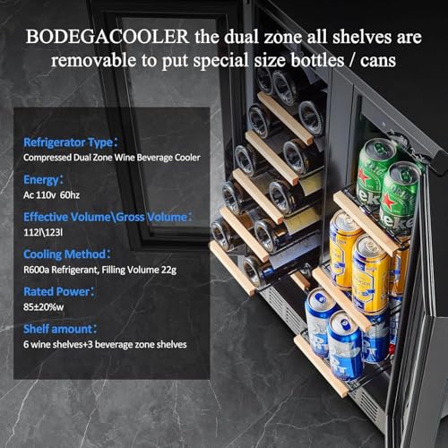 BODEGACOOLER ‎JC-150WM Wine and Beverage Refrigerator 24 Inch,Freestanding Dual Zone Wine Beverage Cooler,Under Counter Wine and Beer Refrigerator Cooling With Compressor,Hold 21 Bottles and 57 Cans [Black]