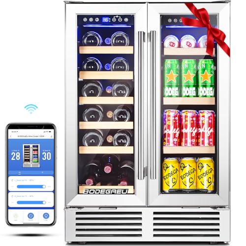 BODEGA ‎JC-115DR Wine and Beverage Refrigerator, 24 Inch Dual Zone Wine Cooler, with Smart APP Control and 2 Safety Locks,Soft LED Light Hold 19 Bottles and 57 Cans, Built-In or Freestanding