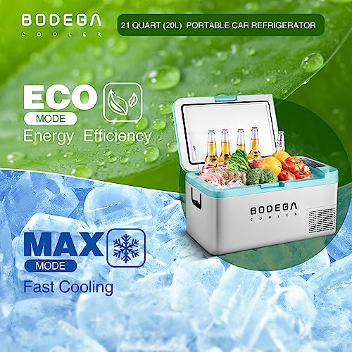 BODEGACOOLER 12 Volt Car Refrigerator, 21 Quart (20L) Portable Freezer Car Fridge (-4℉~68℉), Electric Cooler for Vehicles Truck RV Camping Travel Home Use - 12/24V DC & 100V-240V AC, WIFI APP Control