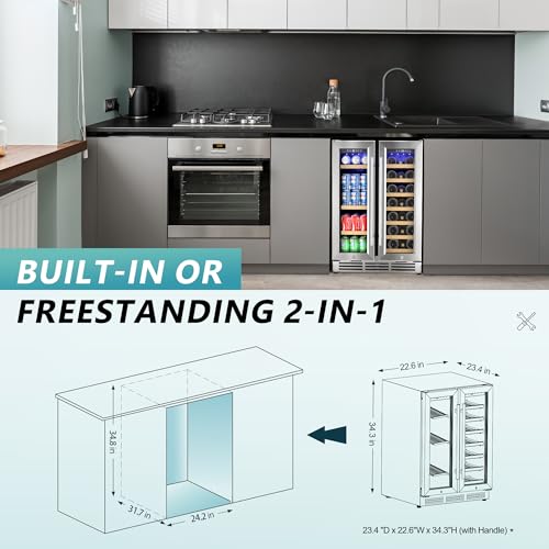 EUHOMY Wine and Beverage Refrigerator, 24 Inch Dual Zone Wine Cooler with Glass Door Hold 21 Bottles and 88 Cans, Built in or Freestanding Under Counter Wine Fridge with Blue LED Light.