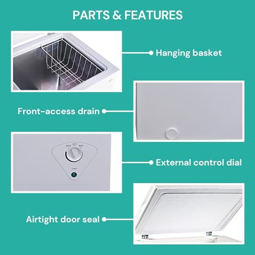 Koolatron ‎KTCF99 AZ Compact Chest Freezer, 3.5 cu ft (99L), White, Manual Defrost Deep Freeze, Storage Basket, Space-Saving Flat Back, Stay-Open Lid, Front-Access Defrost Drain, for Apartment, Condo, Cottage