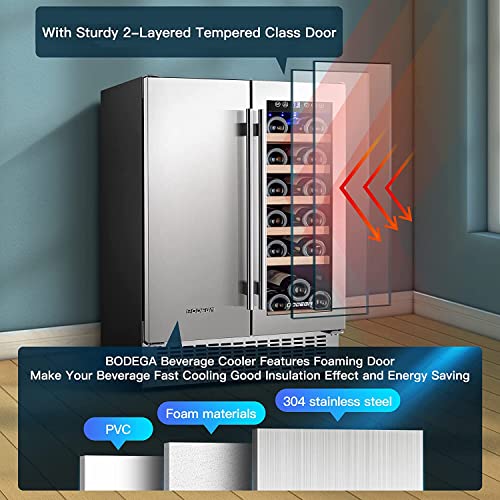 BODEGA ‎YC120-2D-FD 24 Inch Beverage and Wine Cooler, Built-in and Freestanding Wine Beverage Refrigerator Dual Zone, Holds 57 Cans and 18 Bottles, with Independent Temperature Control,Upgraded Compressor Quiet