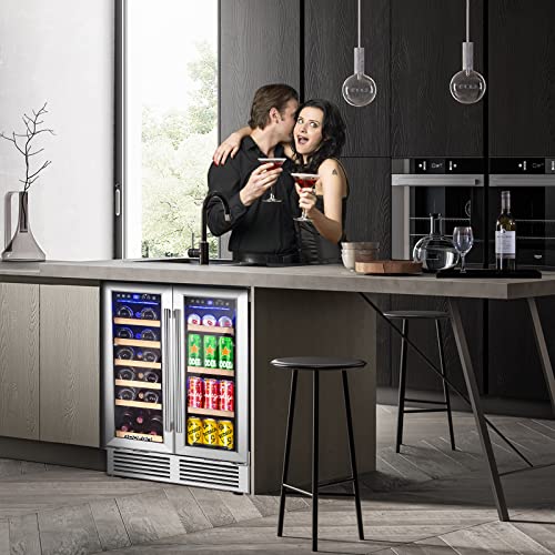 BODEGA ‎JC-115DR Wine and Beverage Refrigerator, 24 Inch Dual Zone Wine Cooler, with Smart APP Control and 2 Safety Locks,Soft LED Light Hold 19 Bottles and 57 Cans, Built-In or Freestanding