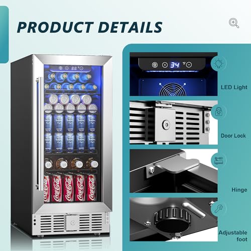 EUHOMY ‎BRU-03 15 Inch Beverage Refrigerator Cooler Under Counter 127 Cans Beverage Fridge Built-in or Freestanding with Glass Door, LED Light, Beer Fridge for Soda, Water, Wine - Home Kitchen Bar.