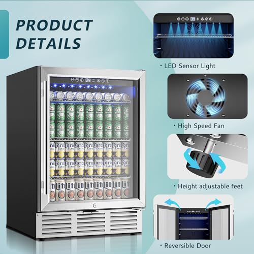 EUHOMY ‎BRU-04 24 Inch Beverage Refrigerator, 180 Can Built-in or Freestanding Beverage Cooler, Under Counter Beer Fridge with Glass Door for Soda, Water, Wine - For Kitchen, Bar or Office.