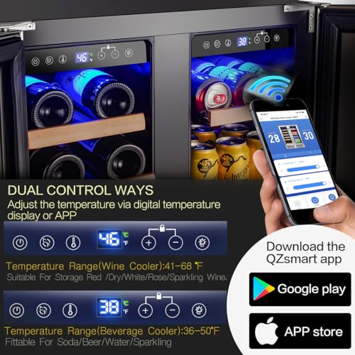 BODEGA ‎JC-115DR Wine and Beverage Refrigerator, 24 Inch Dual Zone Wine Cooler, with Smart APP Control and 2 Safety Locks,Soft LED Light Hold 19 Bottles and 57 Cans, Built-In or Freestanding