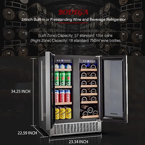 BODEGA ‎YC120-2D-FD 24 Inch Beverage and Wine Cooler, Built-in and Freestanding Wine Beverage Refrigerator Dual Zone, Holds 57 Cans and 18 Bottles, with Independent Temperature Control,Upgraded Compressor Quiet