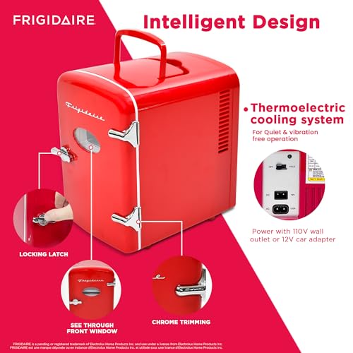 Frigidaire ‎EFMIS129-RED_CP4 Retro Mini Fridge Cooler, Holds Up to 6 Cans, Portable Fridge for Car, Office, Bedroom, Dorm Room, or Cabin, 100% Freon-Free & Eco Friendly,- 9.84"D x 7.09"W x 10.35"H (Red)
