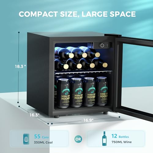 EUHOMY ‎BR-55H 55 Can Beverage Refrigerator cooler-Mini Fridge Glass Door for Beer Drinks Wines, Freestanding Beverage Fridge with Adjustable Shelves Blue LED for Home/Office/Dorm/Bar (1.3cu.ft)