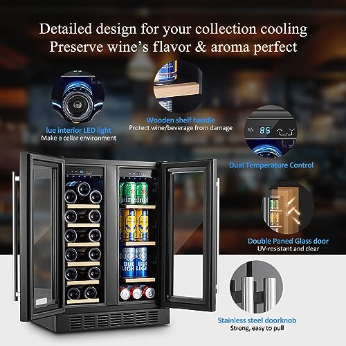 BODEGACOOLER ‎JC-150WM Wine and Beverage Refrigerator 24 Inch,Freestanding Dual Zone Wine Beverage Cooler,Under Counter Wine and Beer Refrigerator Cooling With Compressor,Hold 21 Bottles and 57 Cans [Black]