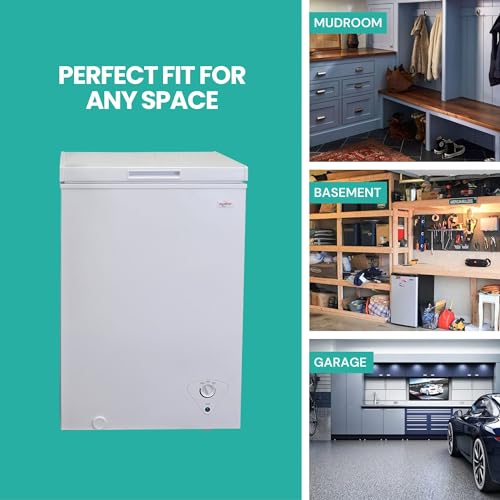 Koolatron ‎KTCF99 AZ Compact Chest Freezer, 3.5 cu ft (99L), White, Manual Defrost Deep Freeze, Storage Basket, Space-Saving Flat Back, Stay-Open Lid, Front-Access Defrost Drain, for Apartment, Condo, Cottage