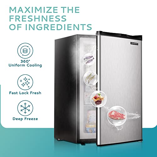 EUHOMY ‎MF-30-Y Upright freezer, 3.0 Cubic Feet, Single Door Compact Mini Freezer with Reversible Stainless Steel Door, Small freezer for Home/Dorms/Apartment/Office (Silver)