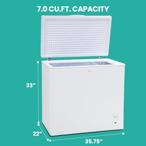 Koolatron ‎KTCF195 AZ Large Chest Freezer, 7.0 cu ft (195L), White, Manual Defrost Deep Freeze, Storage Basket, Space-Saving Flat Back, Stay-Open Lid, Front-Access Drain, for Basement, Laundry Room, Cottage