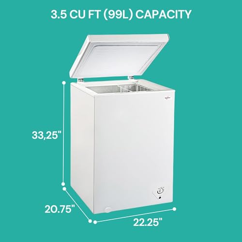 Koolatron ‎KTCF99 AZ Compact Chest Freezer, 3.5 cu ft (99L), White, Manual Defrost Deep Freeze, Storage Basket, Space-Saving Flat Back, Stay-Open Lid, Front-Access Defrost Drain, for Apartment, Condo, Cottage