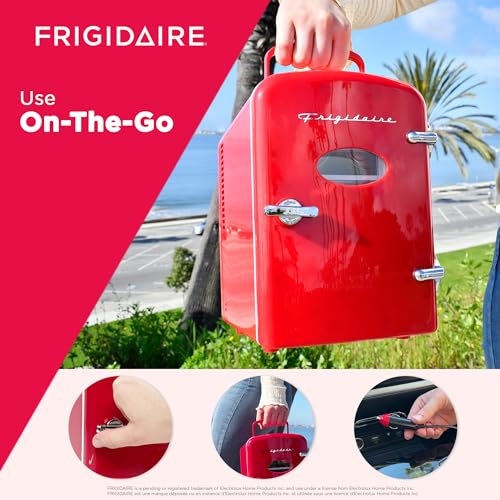 Frigidaire ‎EFMIS129-RED_CP4 Retro Mini Fridge Cooler, Holds Up to 6 Cans, Portable Fridge for Car, Office, Bedroom, Dorm Room, or Cabin, 100% Freon-Free & Eco Friendly,- 9.84"D x 7.09"W x 10.35"H (Red)