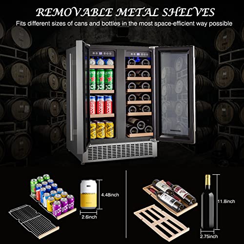 BODEGA ‎YC120-2D-FD 24 Inch Beverage and Wine Cooler, Built-in and Freestanding Wine Beverage Refrigerator Dual Zone, Holds 57 Cans and 18 Bottles, with Independent Temperature Control,Upgraded Compressor Quiet