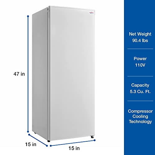 Koolatron ‎KTUF160 AZ Compact Upright Freezer, 5.3 cu ft (150L), White, Manual Defrost Design, Space-Saving Flat Back, Reversible Door, for Home, Apartment, Condo, Cottage