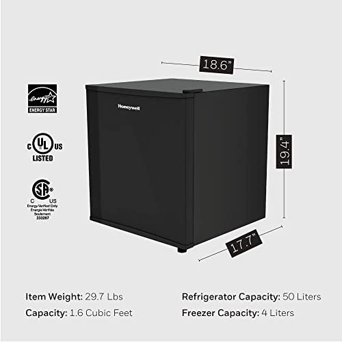 Honeywell H16MRB Compact Refrigerator 1.6 Cu Ft Mini Fridge with Freezer, Single Door, Low noise, for Bedroom, Office, Dorm with Adjustable Temperature Settings, Black