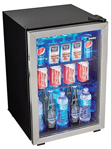 Danby DBC026A1BSSDB 95 Can Beverage Center, 2.6 Cu.Ft Refrigerator for Basement, Dining, Living Room, Drink Cooler Perfect for Beer, Pop, Water, Black/Stainless-Steel