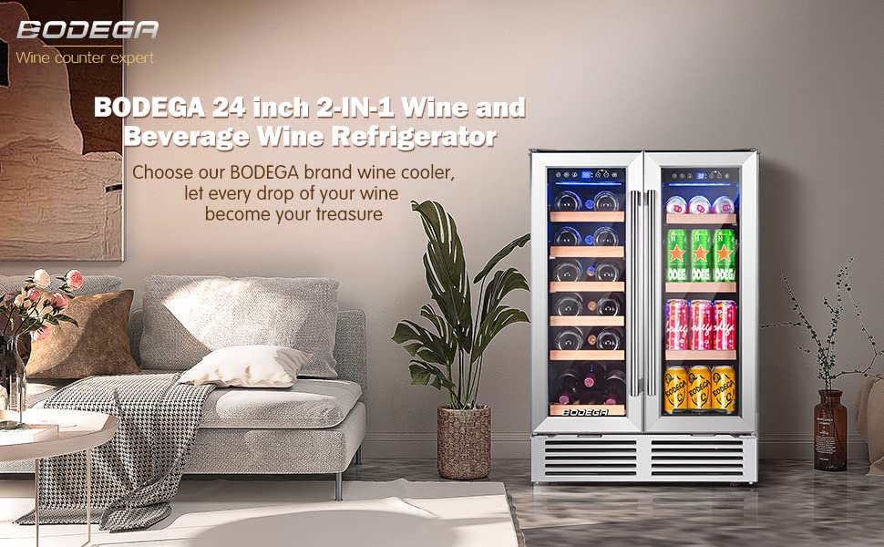 BODEGA ‎JC-115DR Wine and Beverage Refrigerator, 24 Inch Dual Zone Wine Cooler, with Smart APP Control and 2 Safety Locks,Soft LED Light Hold 19 Bottles and 57 Cans, Built-In or Freestanding