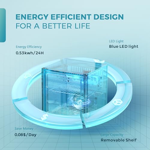 EUHOMY ‎BR-55H 55 Can Beverage Refrigerator cooler-Mini Fridge Glass Door for Beer Drinks Wines, Freestanding Beverage Fridge with Adjustable Shelves Blue LED for Home/Office/Dorm/Bar (1.3cu.ft)