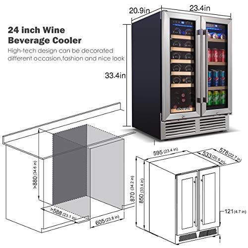 BODEGA ‎JC-115DR Wine and Beverage Refrigerator, 24 Inch Dual Zone Wine Cooler, with Smart APP Control and 2 Safety Locks,Soft LED Light Hold 19 Bottles and 57 Cans, Built-In or Freestanding