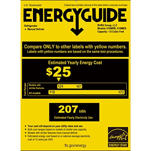 Honeywell H16MRB Compact Refrigerator 1.6 Cu Ft Mini Fridge with Freezer, Single Door, Low noise, for Bedroom, Office, Dorm with Adjustable Temperature Settings, Black