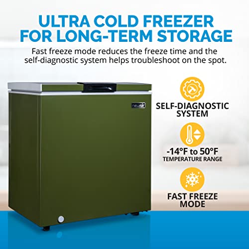 Newair NFT050GN00 5 Cu. Ft. Chest Freezer with Removable Basket, Quiet Deep Freezer, Digital Temperature Control, Top Open Door Alarm, Fast Freeze Mode, Mini Freezer, Garage Storage, Olive Green