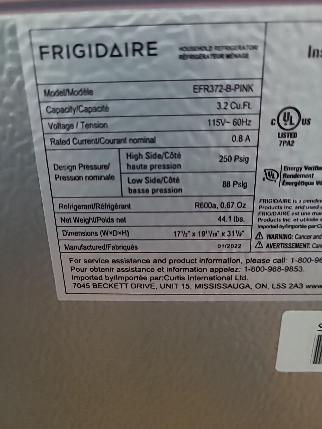 FRIGIDAIRE EFR372-B- Retro Bar Fridge Refrigerator 45lbs 