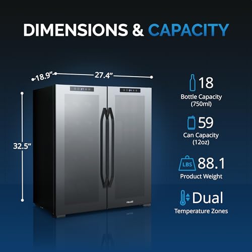 NewAir ‎NWB077BKD0 27" Wine and Beverage Refrigerator, 18 Bottle and 59 Can Dual Zone Drink Cooler, Beverage and Wine Cooler Refrigerator with Double-Layer Tempered Glass Door