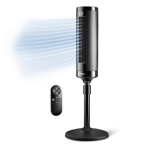 Lasko EST100 Elevation 42”-54” Adjustable Height Pedestal Tower Fans for Home, 31 ft/s Airflow, Quiet 28 dB on Low, 90° Oscillation, 12 Hour Timer, Remote Control, Black