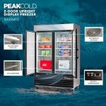 Peak Cold Double Door Upright Commercial Display Freezer - Large Capacity Glass Door Merchandiser Freezer; 45 CU Ft.
