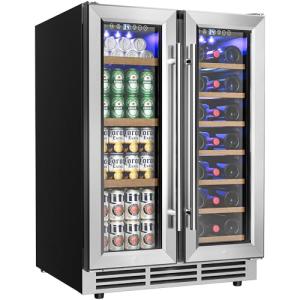 EUHOMY Wine and Beverage Refrigerator, 24 Inch Dual Zone Wine Cooler with Glass Door Hold 21 Bottles and 88 Cans, Built in or Freestanding Under Counter Wine Fridge with Blue LED Light.
